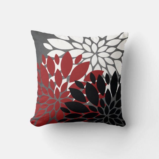 Red Black Grey White Flower Silhouette Cushion (Front)