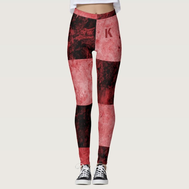 Red Black Grunge Tiles Monogram Personalized Leggings (Front)