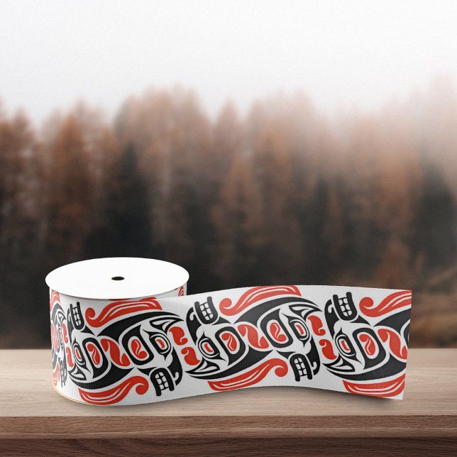 Red Black Haida Horse Symbol Native Pride Pattern Grosgrain Ribbon (Creator Uploaded)