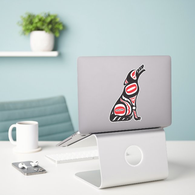 Red & Black Haida Wolf Abstract Spirit Animal Art Sticker (Laptop On Desk)