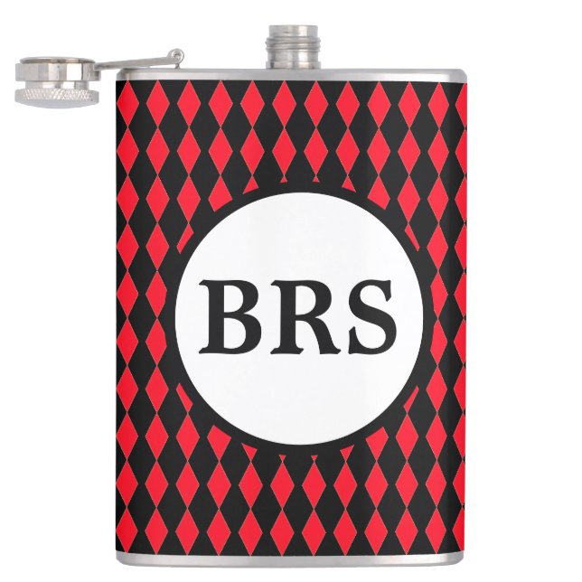 Red & Black Harlequin Customizable Monogram Flask (Opened)