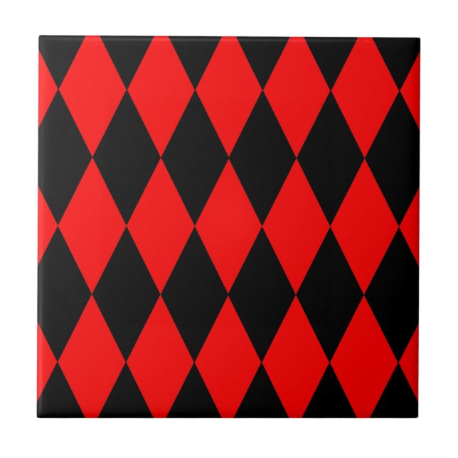 Red Black Harlequin Diamonds Checkers Design  Ceramic Tile (Front)