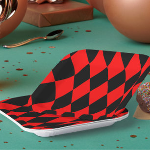 Red Black Harlequin Diamonds Checkers Design Paper Plates