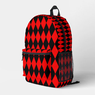Red Black Harlequin Diamonds Checkers Design  Printed Backpack