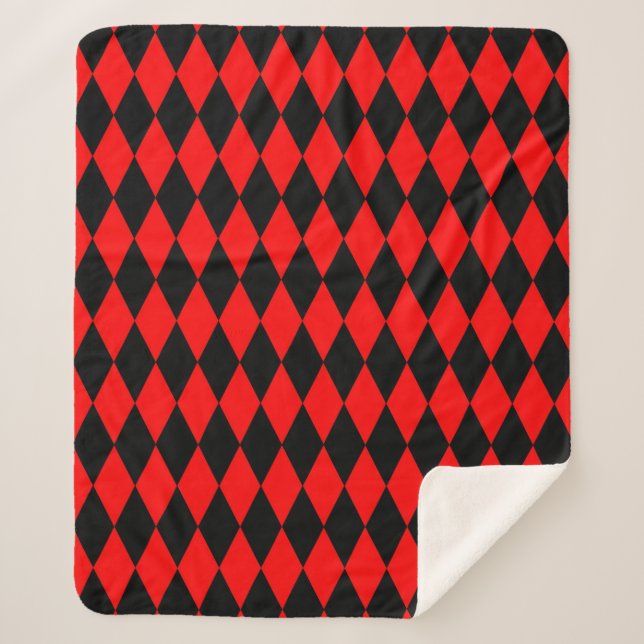 Red Black Harlequin Diamonds Checkers Design  Sherpa Blanket (Front)