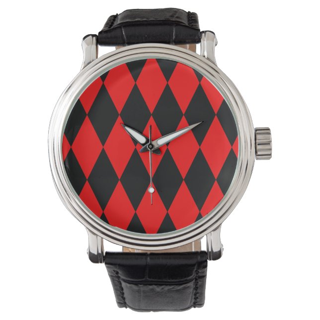Red Black Harlequin Diamonds Checkers Design  Watch (Front)