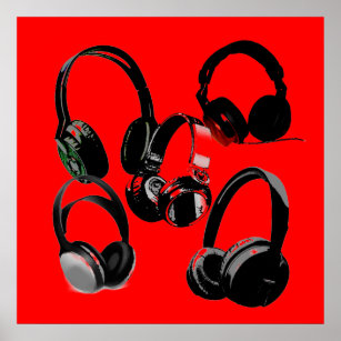 Red Black Headphone Silhouettes Pop Art Poster