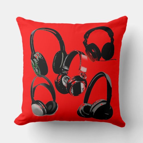 Red Black Headphone Silhouettes Pop Art Throw Pillow