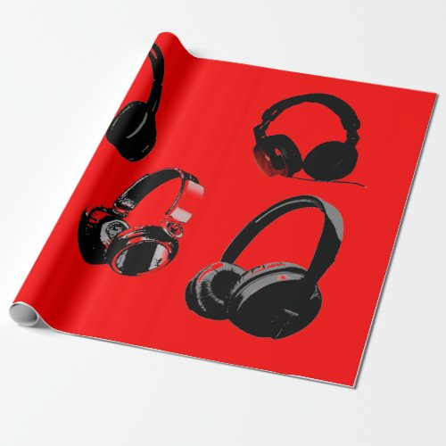 Red Black Headphone Silhouettes Pop Art Wrapping Paper