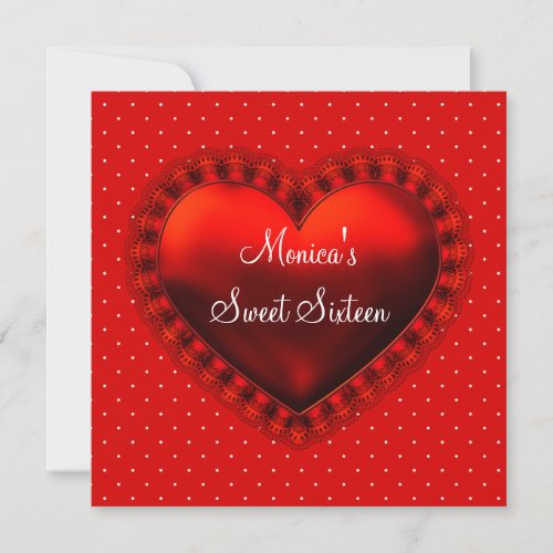 Red Black Heart Black Red Sweet 16 Birthday Party Invitation