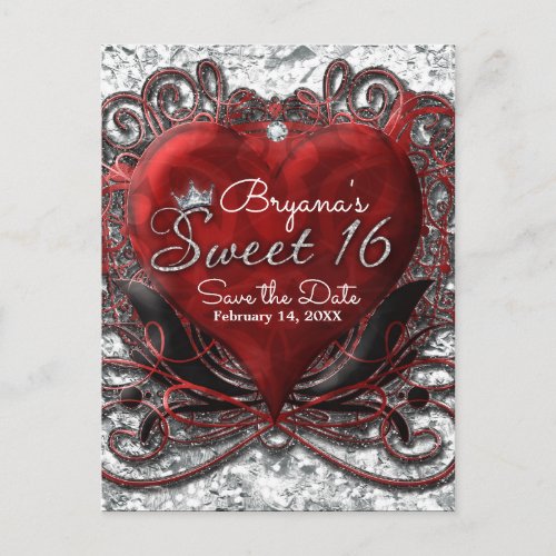 Red  Black Heart Foil Look Sweet 16 Save The Date Announcement Postcard