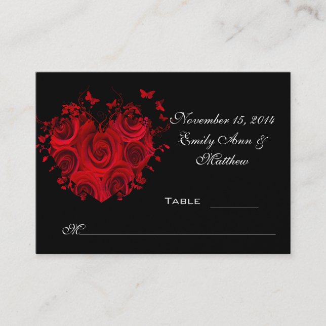 Red & Black Heart Roses Butterfly Table Place Card (Front)