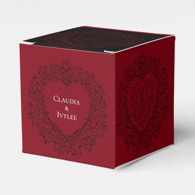 Red Black Heart Swirls Gothic Wedding Favor Boxes (Front Side)