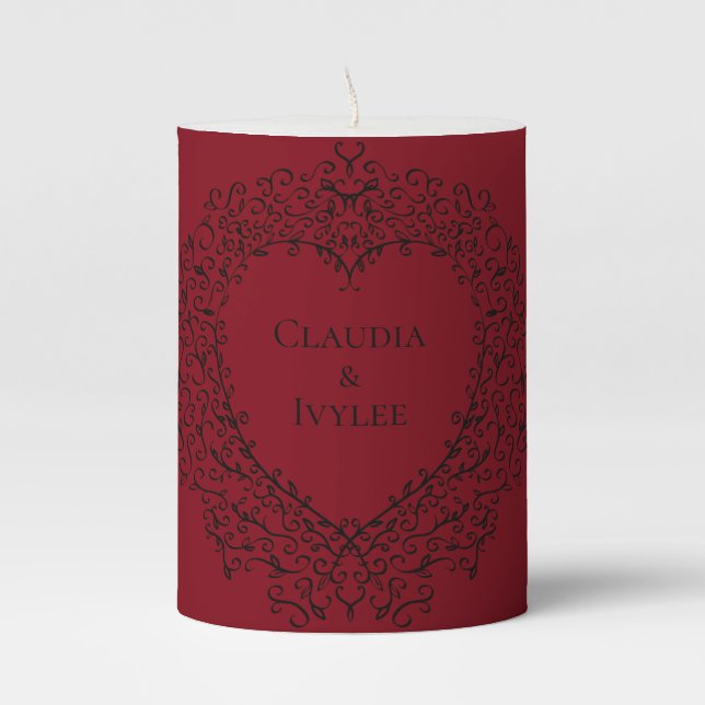 Red Black Heart Wedding Gothic Pillar Candle (Front)