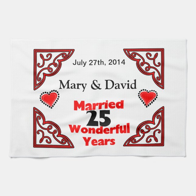 Red Black Hearts Names & Date 25 Yr Anniversary Towel (Horizontal)