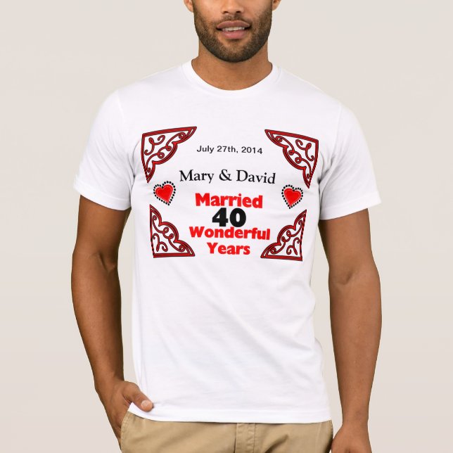 Red Black Hearts Names & Date 40 Yr Anniversary T-Shirt (Front)