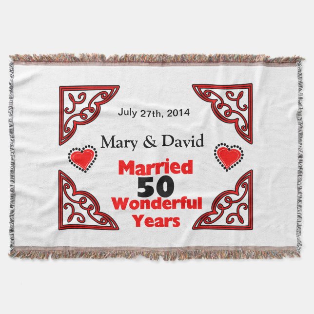 Red Black Hearts Names & Date 50 Yr Anniversary Throw Blanket (Front)