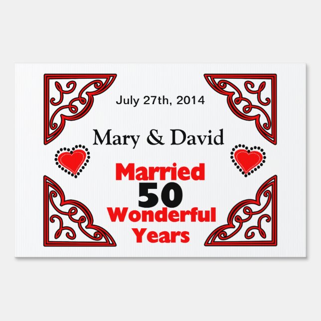 Red Black Hearts Names & Date 50 Yr Anniversary Yard Sign (Front)