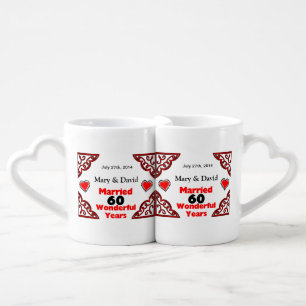 Red Black Hearts Names & Date 60 Yr Anniversary Coffee Mug Set