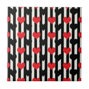 Red Black Hearts On Black White Stripes Ceramic Tile