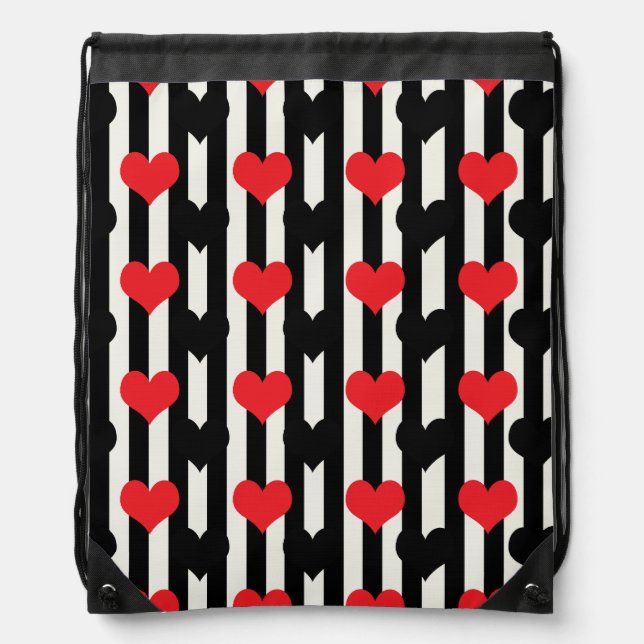 Red Black Hearts On Black White Stripes Drawstring Bag (Front)