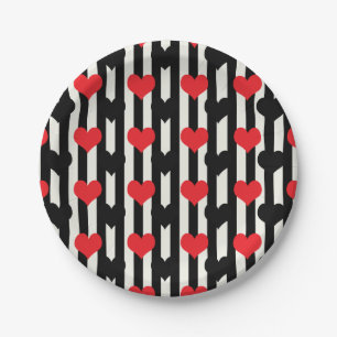 Red Black Hearts On Black White Stripes Paper Plates