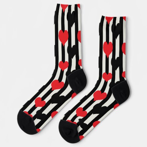 Red Black Hearts On Black White Stripes Socks