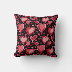 Red Black Hearts Pattern Drawing Valentine`s Day Throw Pillow