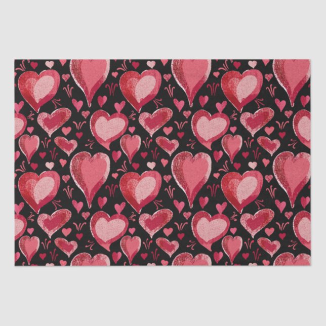 Red Black Hearts Pattern Drawing Valentine`s Day Tissue Paper (Front)