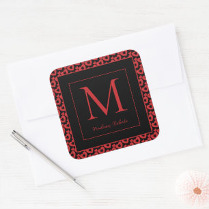 Red & Black Hearts Personalized Monogram Square Sticker