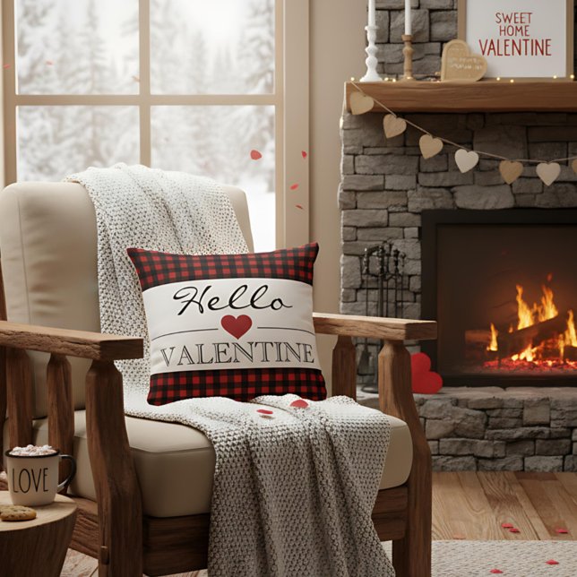 Red & Black Hello Valentine Plaid Gingham Throw Pillow (Creator Uploaded)