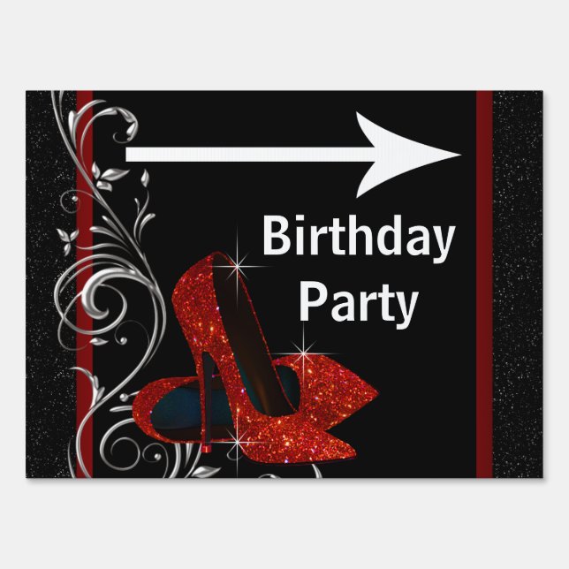 Red Black High Heel Shoe Birthday Party Sign (Front)