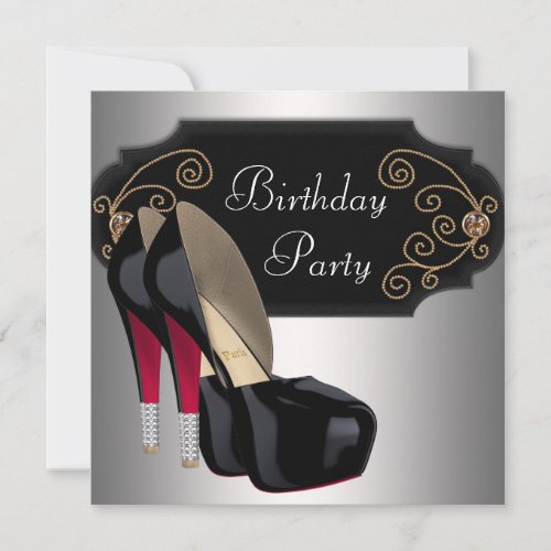 Red Black High Heel Shoes Birthday Party Invitations