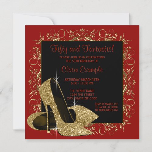 REd Black High Heels Womans Birthday Party Invitation