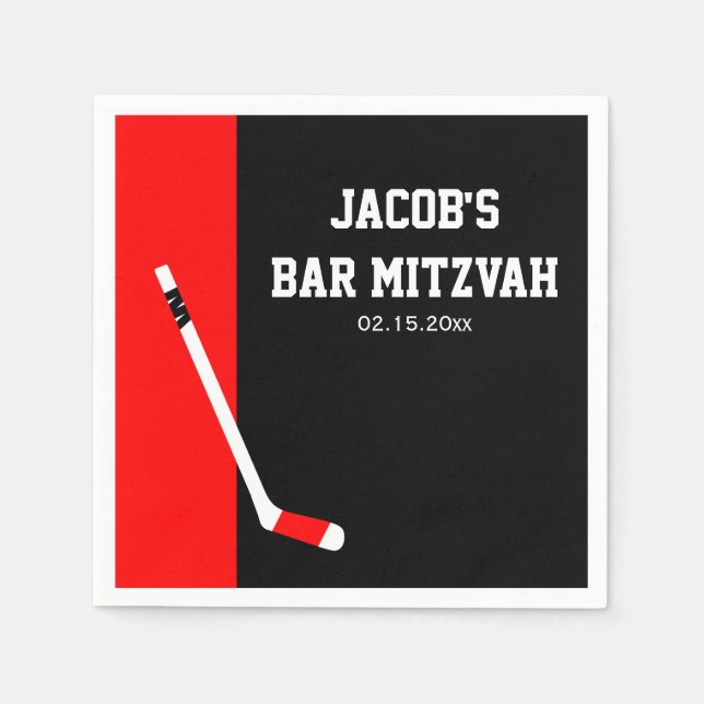Red Black Hockey Bar Mitzvah Personalized Napkins (Front)