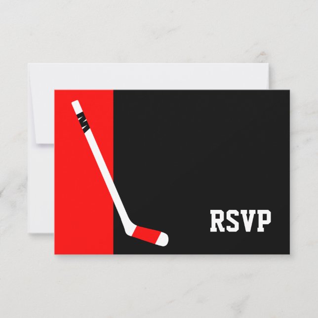 Red Black Hockey Bar Mitzvah RSVP Card (Front)