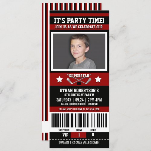 RedBlack Hockey Ticket Birthday Party Invitation