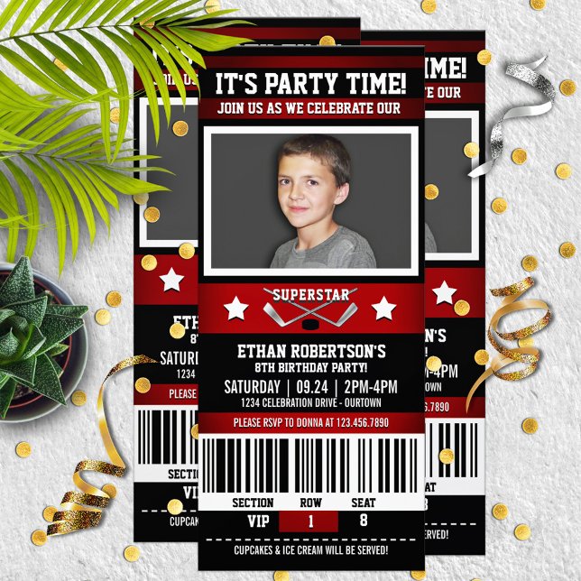 Red/Black Hockey Ticket Birthday Party Invitation (Creator Uploaded)