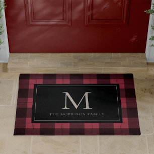 Red & Black Holiday Plaid Monogram & Name Doormat