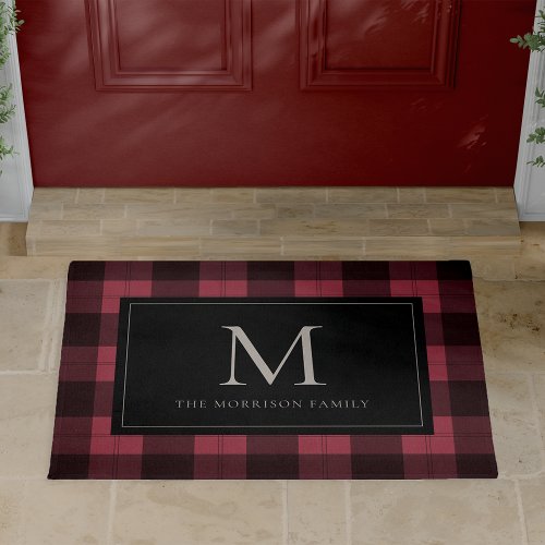 Red  Black Holiday Plaid Monogram  Name Doormat