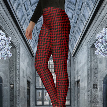 Red & Black Houndstooth Check Pattern Leggings by LeonOziel at Zazzle