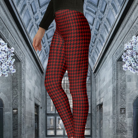 Red & Black Houndstooth Check Pattern Leggings