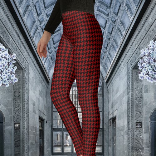 Red  Black Houndstooth Check Pattern Leggings