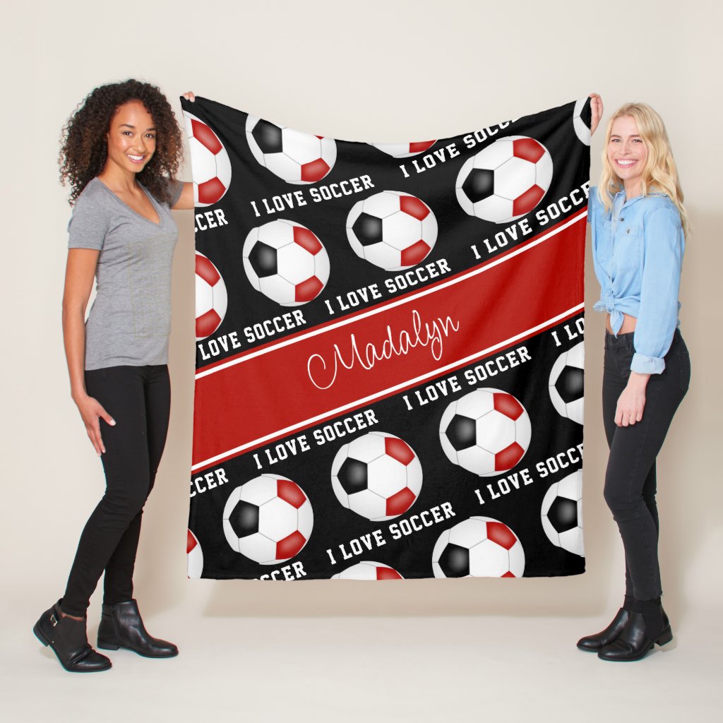 red black I love soccer text pattern custom player name blanket