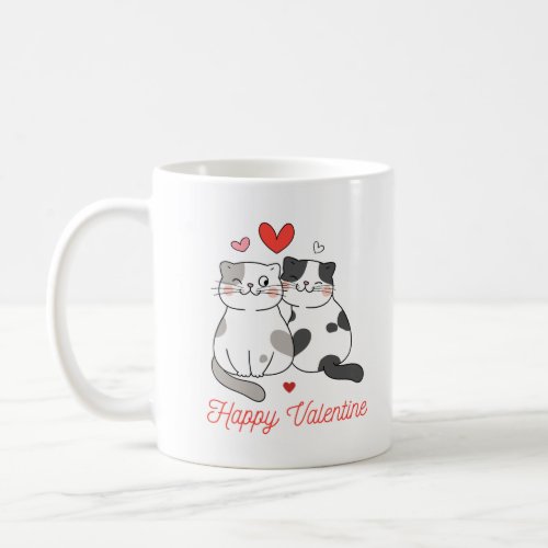 Red Black Illustrated Cute Cats Happy Valentine Coffee Mug
