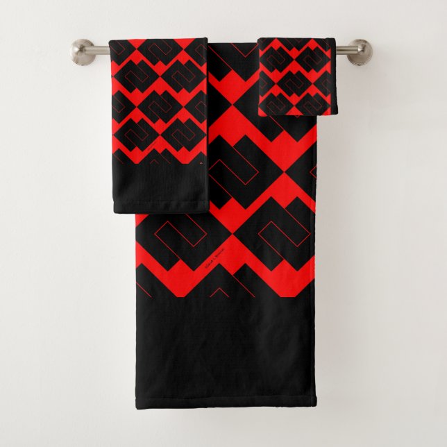 Red Black Interlocking Geometric 3 Piece  Bath Towel Set (Insitu)