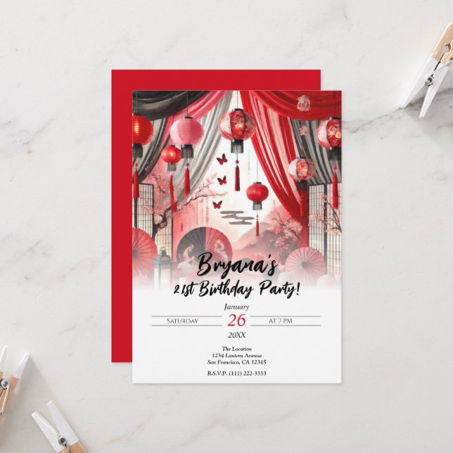 Red & Black Japanese Lanterns Birthday Party Invitation (Front/Back In Situ)