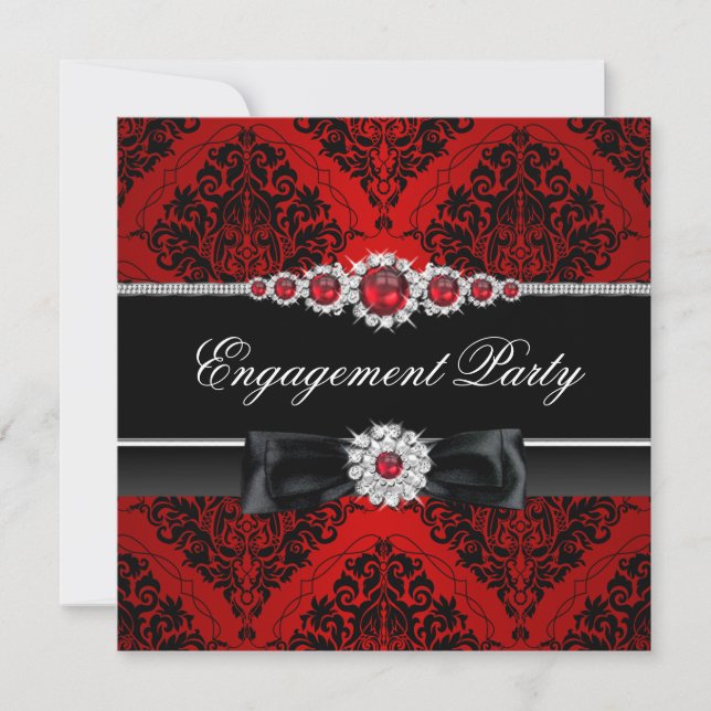 Red & Black Jewel Damask Engagement Party Invite (Front)