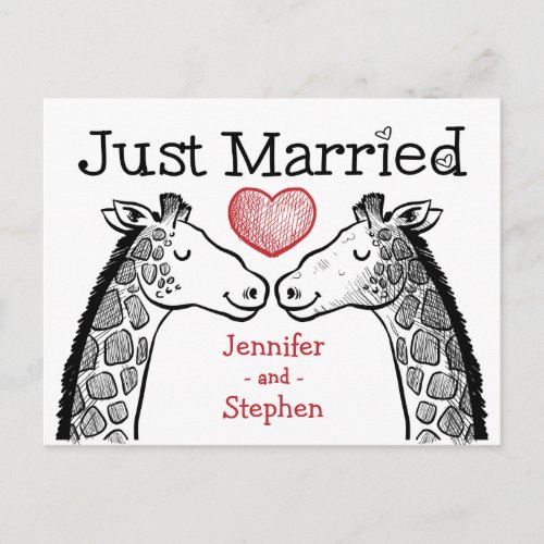 Red  Black Just Married Giraffe Love Wedding Announcement Postcard