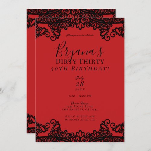 Red  Black Lace Chic Dirty 30 30th Birthday Invitation